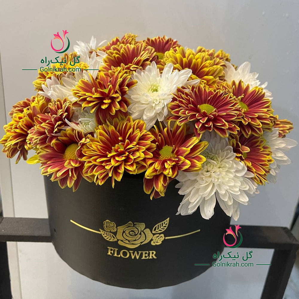باکس گل داوودی سفید و نارنجی